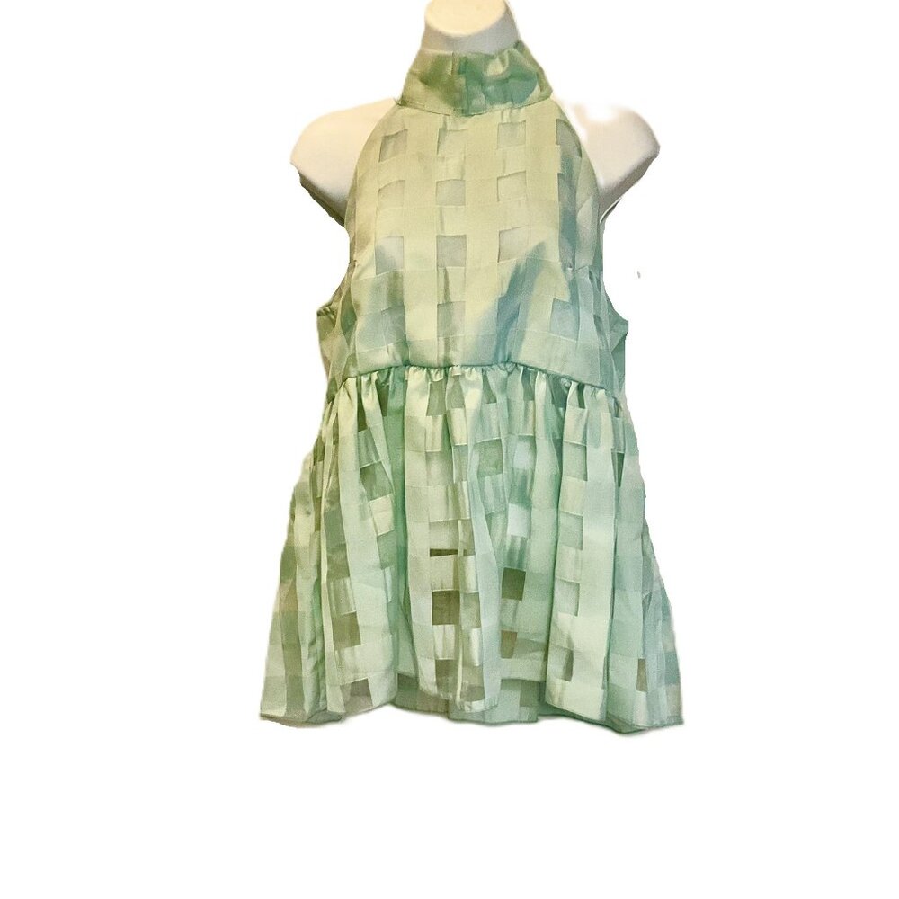 Dixie Mint Blue Check Organza Halter Blouse Bow Back Babydoll Size M Italy